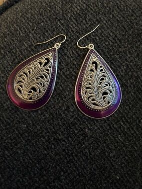 Purple Teardrop Filigree Dangle Earrings - Women Jewelry
